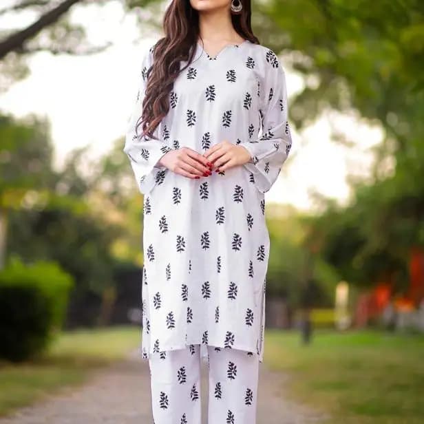 2pcs women's stitched linen Block printed suit